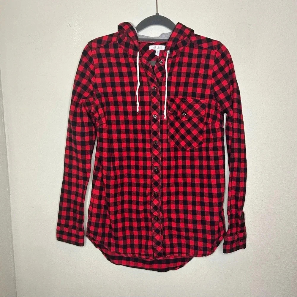Vintage Delia's Hooded Button Down Plaid Shirt Size Small